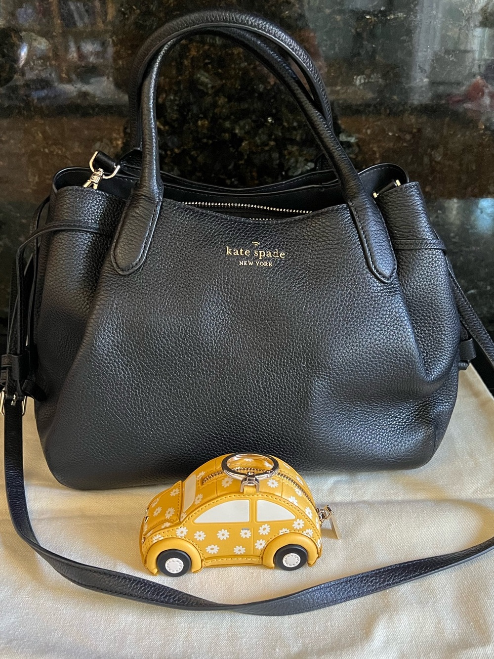 Kate Spade black Large Dumpling handbag with a rare car coin purse keyring